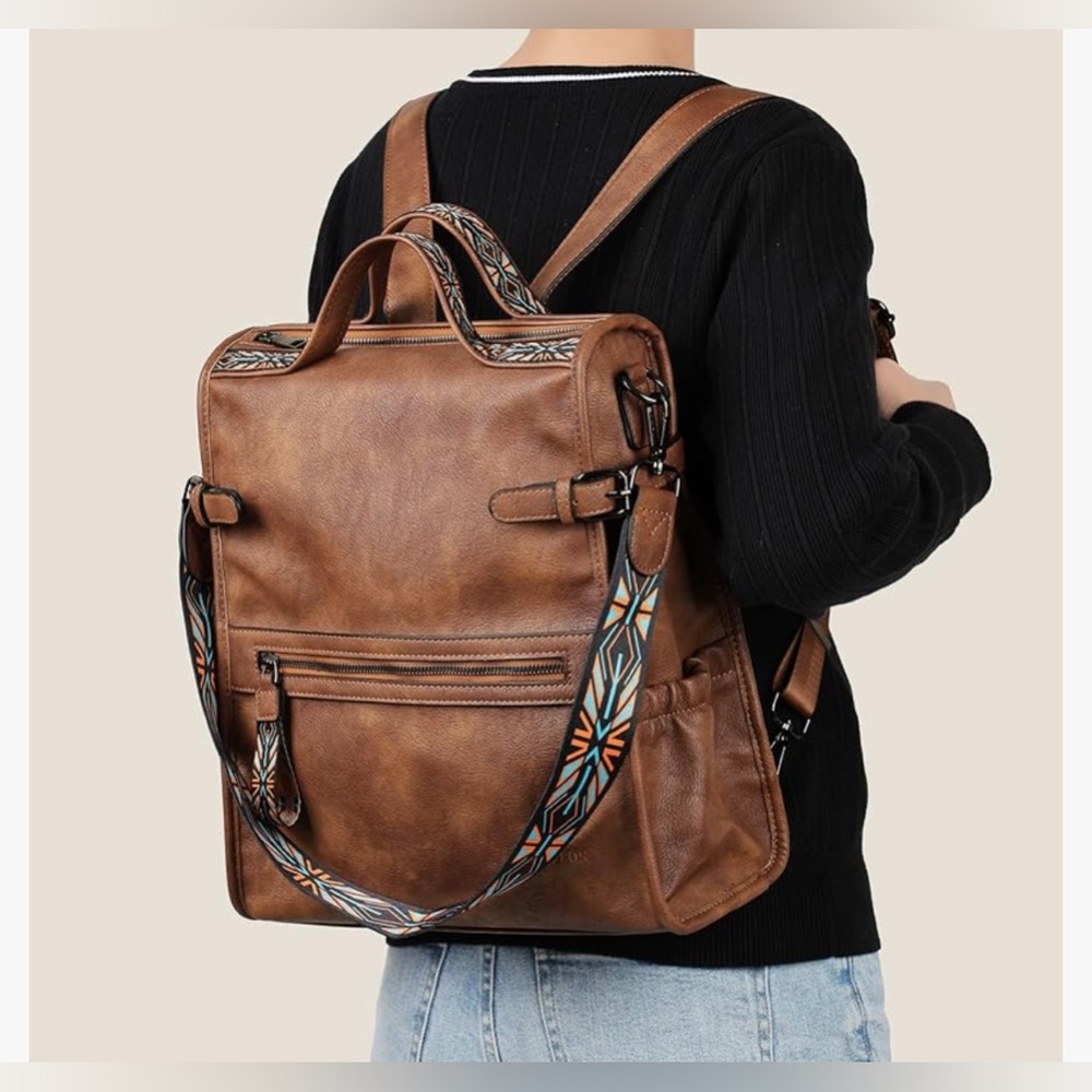 Fadeon Brown Backpack Tote With Patterned Canvas … - image 4